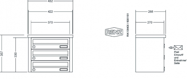 RENZ Briefkastenanlage Aufputz, Tetro, Edelstahl V4A, Kastenformat 370x110x270mm, 3-teilig